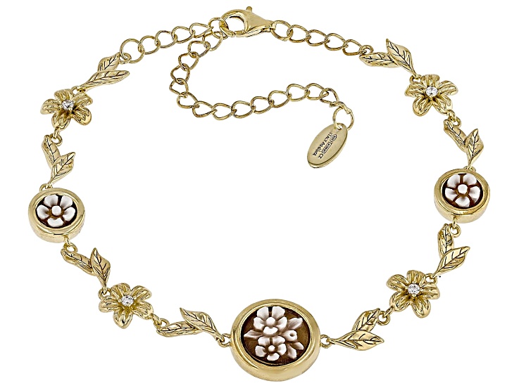 10mm Flower Bouquet Cameo 18k Yellow Gold Over Sterling Silver Station Bracelet
