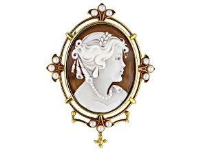 Brown Classic Portrait Cameo and 3mm Cultured Freshwater Pearl 18k Gold Over Silver Pendant/Brooch