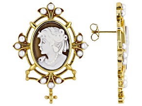 Brown Classic Portrait Cameo and 3mm Cultured Freshwater Pearl 18k Gold Over Silver Earrings