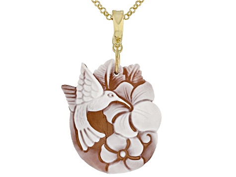 Brown Humming Bird Cameo 18k Yellow Gold Over Sterling Silver Pendant with Chain