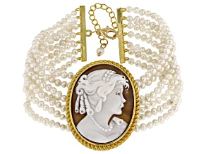 Brown Classic Portrait Cameo and 3.5mm Cultured Freshwater Pearl 18k Gold Over Silver Bracelet