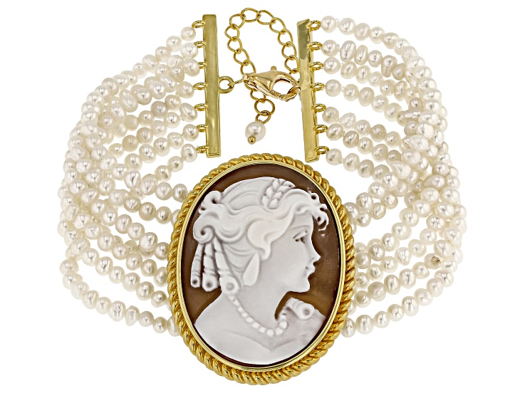 Brown Classic Portrait Cameo and 3.5mm Cultured Freshwater Pearl 18k Gold Over Silver Bracelet