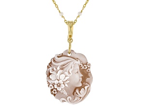 Brown Portrait Cameo and 3.5mm Cultured Freshwater Pearl 18k Gold Over Silver Pendant with Chain