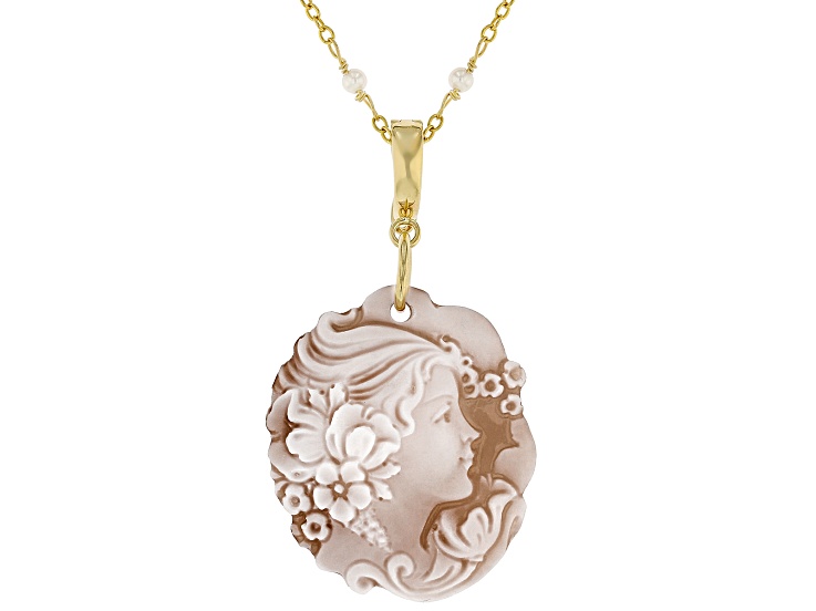 Brown Portrait Cameo and 3.5mm Cultured Freshwater Pearl 18k Gold Over Silver Pendant with Chain