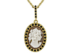 Brown Portrait Cameo and 0.31ctw Cubic Zirconia 18k Gold Over Sterling Silver Pendant with Chain