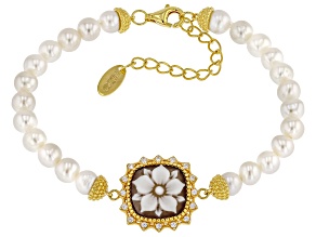 Brown Wildflower Cameo 18k Yellow Gold Over Sterling Silver Bracelet