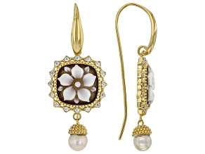 Brown Wildflower Cameo, Cultured Freshwater Pearl and Cubic Zirconia 18k Gold Over Silver Earrings