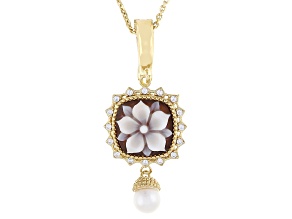 12x12mm Wildflower Cameo, Cultured Freshwater Pearl and Cubic Zirconia 18k Gold Over Silver Pendant
