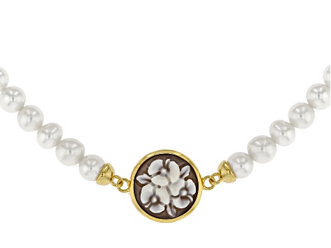 Brown Flower Bouquet Cameo and 5mm Cultured Freshwater Pearl 18k Gold Over Silver Necklace