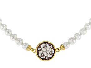 Brown Flower Bouquet Cameo and 5mm Cultured Freshwater Pearl 18k Gold Over Silver Necklace