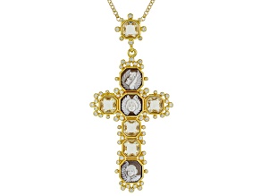 Brown Cherub Cameo and 11.03ctw Cubic Zirconia 18k Gold Over Silver Cross Pendant with Chain