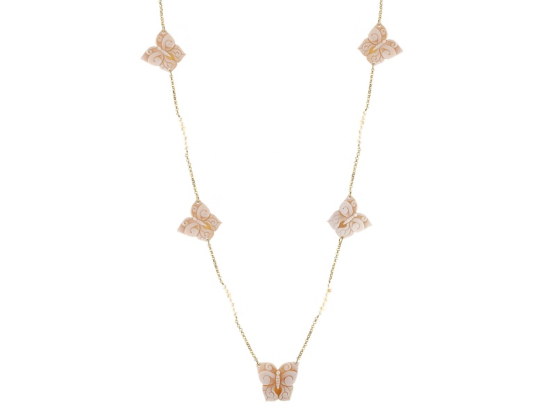 Brown Butterfly Cameo and 4.5mm Cultured Freshwater Pearl 18k Gold Over Silver 34" Necklace