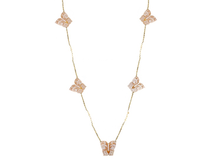 Brown Butterfly Cameo and 4.5mm Cultured Freshwater Pearl 18k Gold Over Silver 34" Necklace