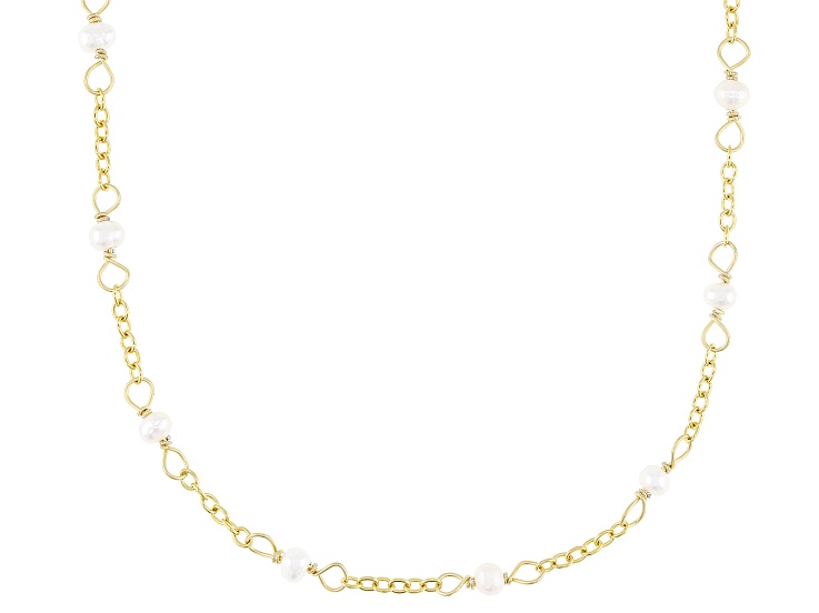 White Cultured Freshwater Pearl 18k Yellow Gold Over Sterling Silver Station 18" Necklace