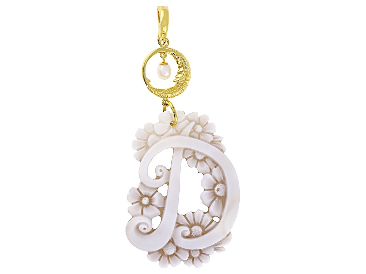 55x40mm Initial "D" Cameo and 7x5mm Cultured Freshwater Pearl 18k Gold Over Silver Enhancer Pendant