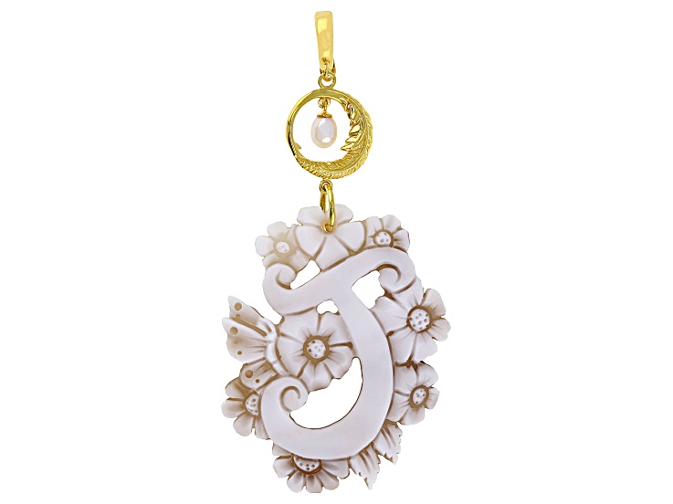 55x40mm Initial "J" Cameo and 7x5mm Cultured Freshwater Pearl 18k Gold Over Silver Enhancer Pendant