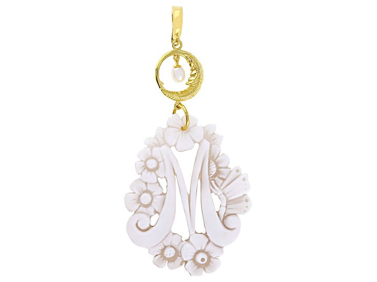 55x40mm Initial "M" Cameo and 7x5mm Cultured Freshwater Pearl 18k Gold Over Silver Enhancer Pendant