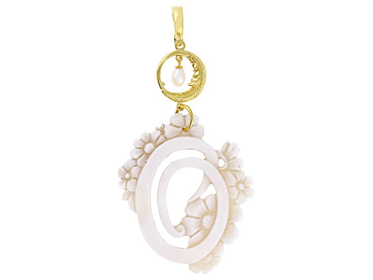 55x40mm Initial "O" Cameo and 7x5mm Cultured Freshwater Pearl 18k Gold Over Silver Enhancer Pendant