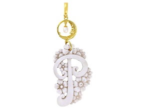 55x40mm Initial "P" Cameo and 7x5mm Cultured Freshwater Pearl 18k Gold Over Silver Enhancer Pendant