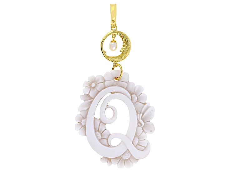 55x40mm Initial "Q" Cameo and 7x5mm Cultured Freshwater Pearl 18k Gold Over Silver Enhancer Pendant