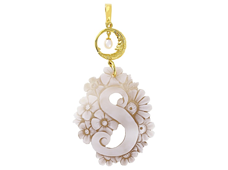 55x40mm Initial "S" Cameo and 7x5mm Cultured Freshwater Pearl 18k Gold Over Silver Enhancer Pendant