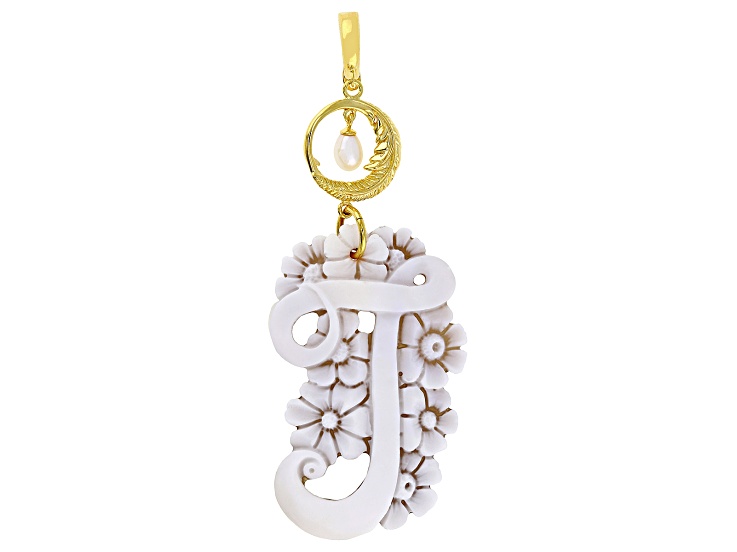 55x40mm Initial "T" Cameo and 7x5mm Cultured Freshwater Pearl 18k Gold Over Silver Enhancer Pendant