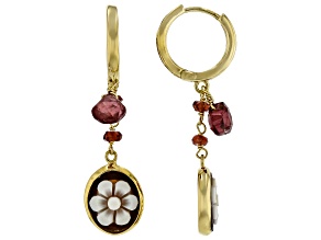 Cameo Italiano 11x9mm Flower Cameo And 2.75ctw Garnet 18k Yellow Gold Over Silver Dangle Earrings