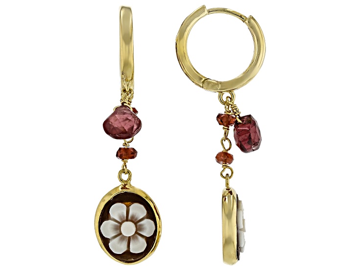 Cameo Italiano 11x9mm Flower Cameo And 2.75ctw Garnet 18k Yellow Gold Over Silver Dangle Earrings