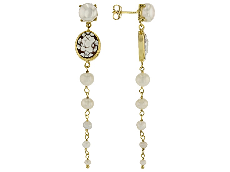 Cameo Italiano Floral Cameo With Cultured Freshwater Pearl 18K Gold Over Sterling Silver Earrings