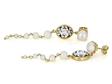 Cameo Italiano Floral Cameo With Cultured Freshwater Pearl 18K Gold Over Sterling Silver Earrings
