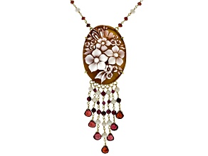 80x35mm Floral Cameo With 18.76ctw Garnet & Cultured Freshwater Pearls 18k Gold Over Silver Necklace
