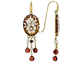 25x20mm Floral Cameo With 9.40ctw Garnet & Cultured Freshwater Pearls 18k Gold Over Silver Earrings
