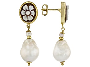11x9mm Flower Cameo And Cultured Freshwater Pearls 18K Gold Over Sterling Silver  Earrings