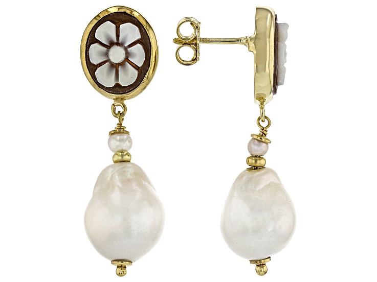 11x9mm Flower Cameo And Cultured Freshwater Pearls 18K Gold Over Sterling Silver Earrings