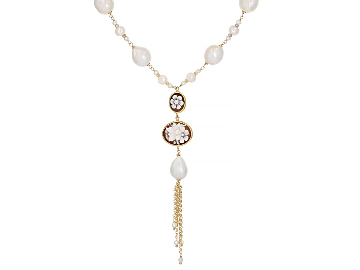 Floral Cameo And Cultured Freshwater Pearls 18K Gold Over Sterling Silver Tassel Necklace