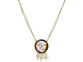 24mm Portrait Cameo & Cultured Freshwater Pearls 18k Gold Over Silver Station Statement Necklace