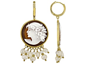 24mm Portrait Cameo & Cultured Freshwaters Pearl 18k Yellow Gold Over Sterling Silver Earrings