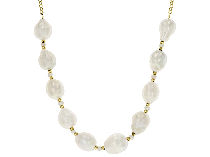 Cultured Freshwater Pearl 18k Yellow Gold Over Sterling Silver Station Necklace