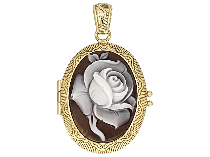 29x22mm Rose Cameo 18k Yellow Gold Over Sterling Silver Locket Pendant