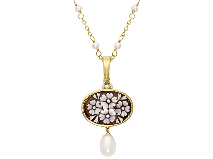 Flower Cameo & Cultured Freshwater Pearls 18k Gold Over Silver Enhancer Pendant
