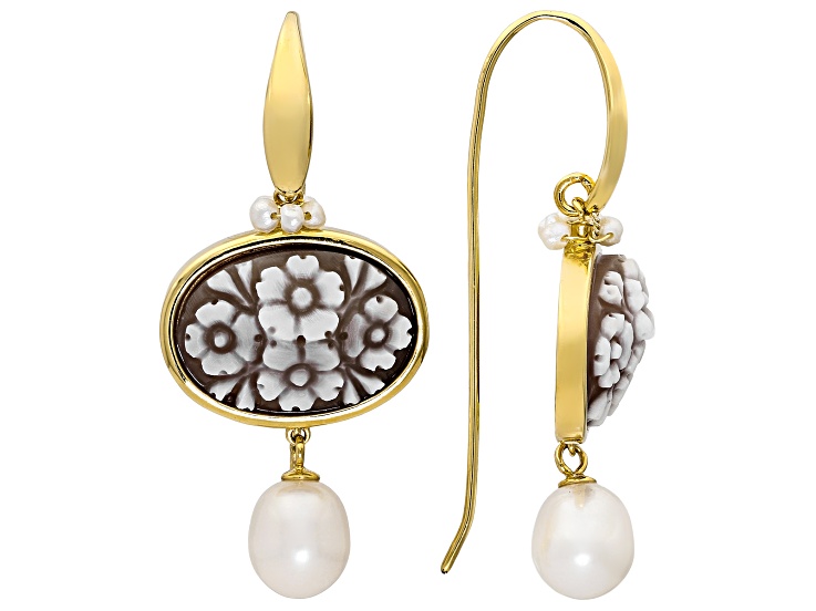 Flower Cameo & Cultured Freshwater Pearls 18k Yellow Gold Over Sterling Silver Earrings