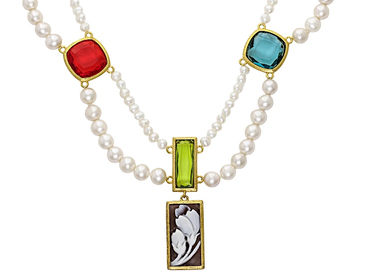 Flower Cameo With Cultured Freshwater Pearls & Glass 18k Gold Over Silver Necklace