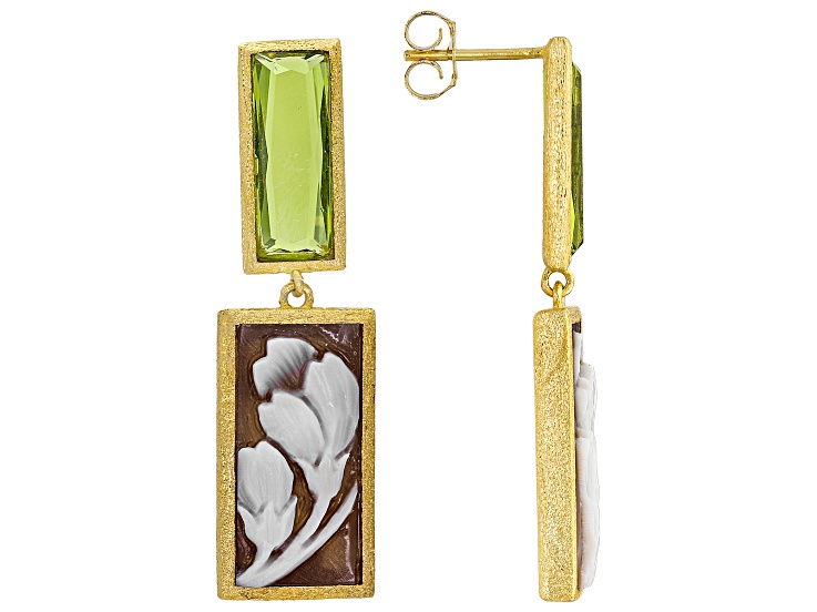 Flower Cameo with Green Glass 18k Yellow Gold Over Sterling Silver Earrings