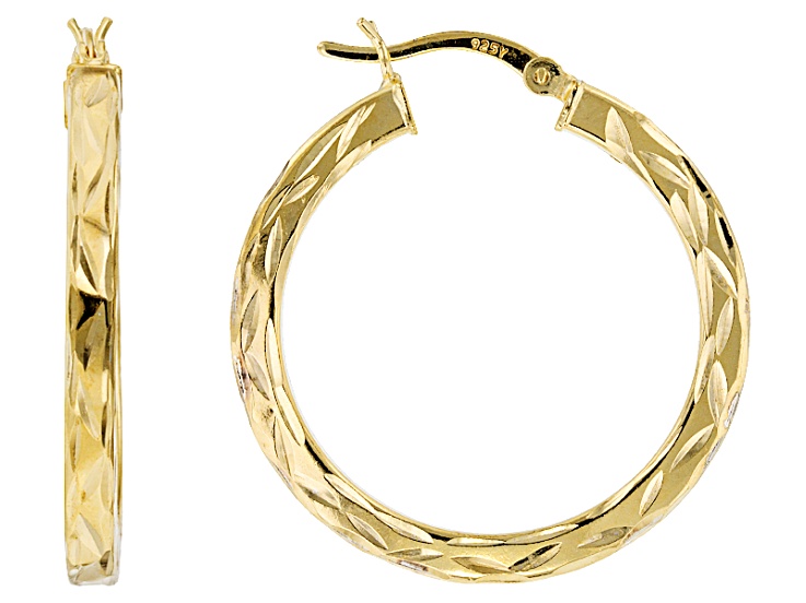 18k Yellow Gold Over Sterling Silver Diamond Cut Squared Tube Hoop Earrings