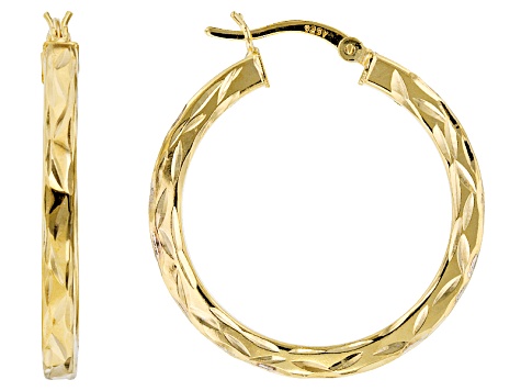 18k Yellow Gold Over Sterling Silver Diamond Cut Squared Tube Hoop Earrings