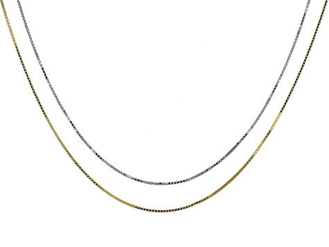 Rhodium & 14k Yellow Gold Over Sterling Silver Box Link Sliding Adjustable Chain Set Of 2