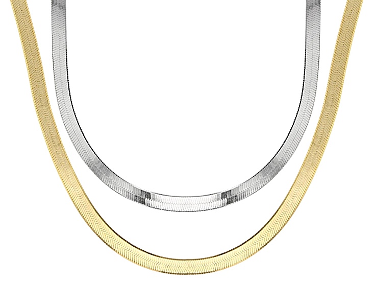 Rhodium Over Sterling Silver & 18k Yellow Gold Over Sterling Silver Herringbone Chain Set Of 2
