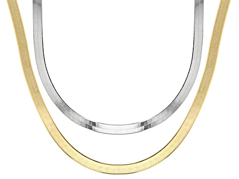 Rhodium Over Sterling Silver & 18k Yellow Gold Over Sterling Silver Herringbone Chain Set Of 2