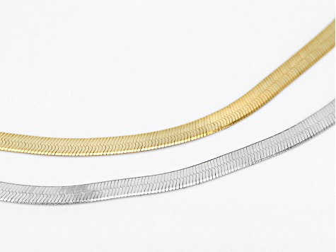 Rhodium Over Sterling Silver & 18k Yellow Gold Over Sterling Silver Herringbone Chain Set Of 2