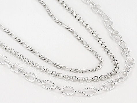 Sterling Silver Figaro, Diamond Cut Cable, And Rolo Link Chain Set 18, 20, 24 inch